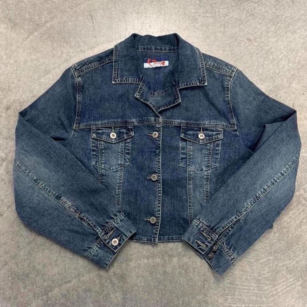 Women's Jean Jacket Cropped Boxy Button Up Mwuah Denim Indie Y2K Bomber Large